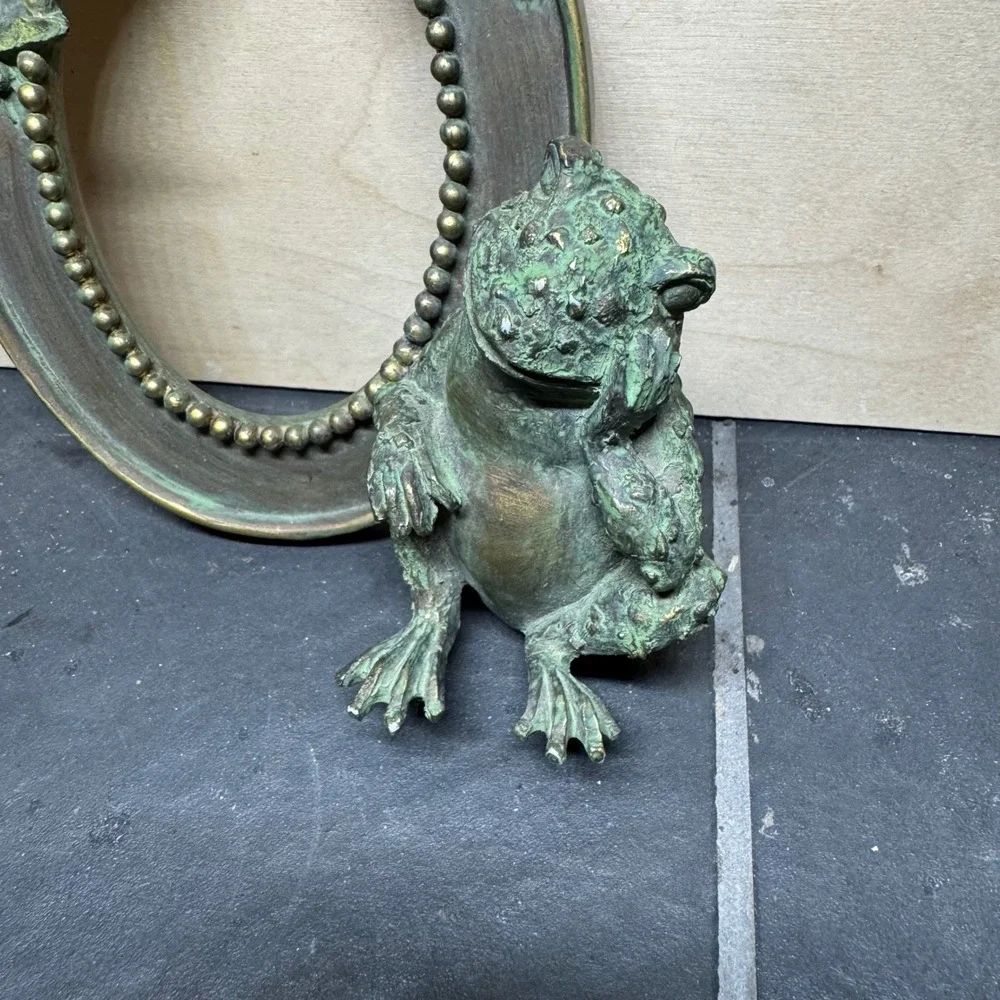 Vintage Style Bronze Toad Frog Dragonfly Oval Picture Frame Verdigris Patina
